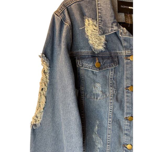 Fashion Nova Itz Fray Fray Jacket Medium Blue Wash size 1X Distressed Destroyed - Picture 5 of 13